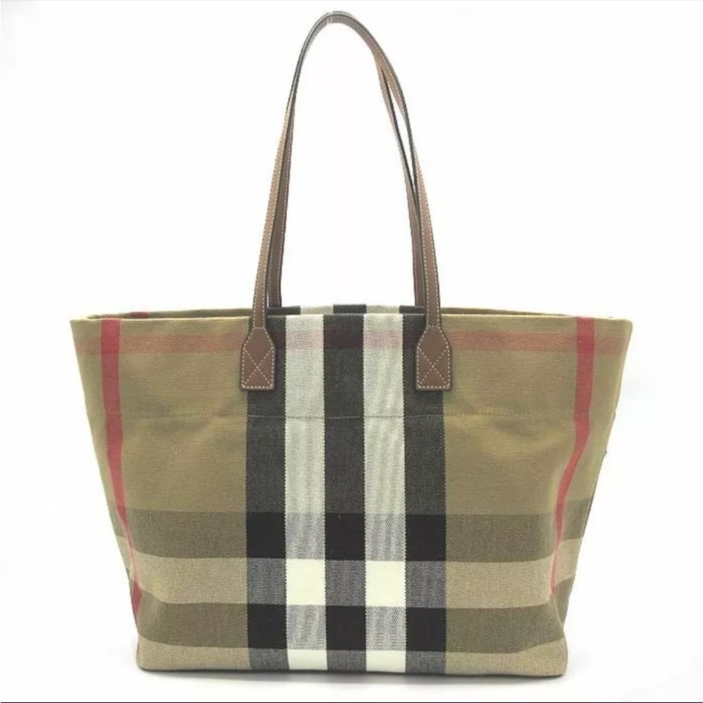 Authentic Burberry 8084047 Taupe Brown Bag Tote London Cotton Plaid Shoulder - Picture 2 of 9